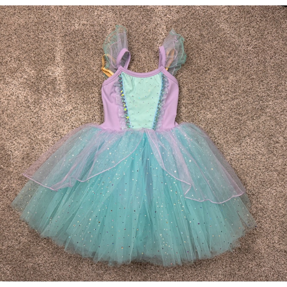 Tutu School Ballet Tutu Leotard 4/5 XS Purple Teal Glitter Sequin Dance Dress